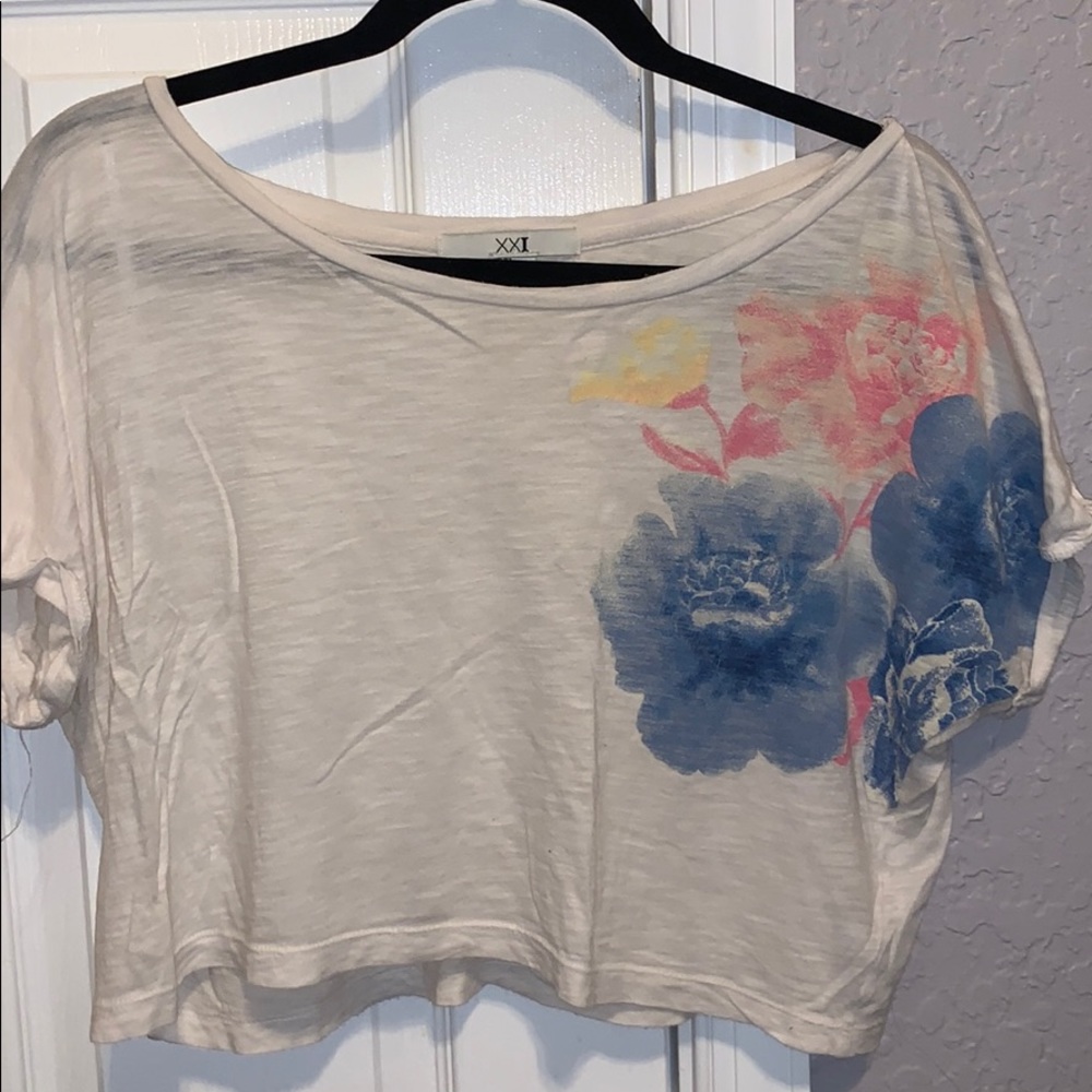 Forever 21 Blue & Coral Flower Boxy Crop Top Small